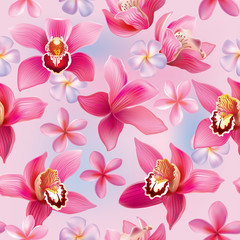 Seamless pattern with orchids and frangipani