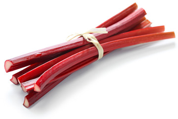 bundle of red rhubarb stalks on white background