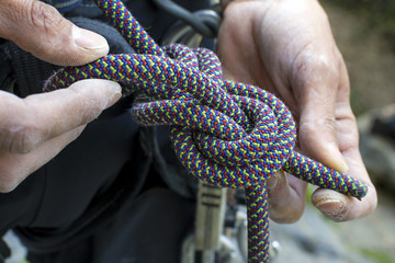 climber doing a figure eight knot re-threaded