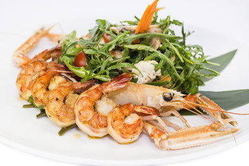 shrimp salad greens vegetables and crayfish in the restaurant