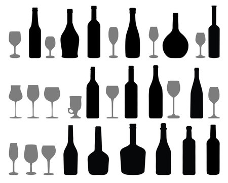 Silhouettes of glasses and bottles of wine, vector