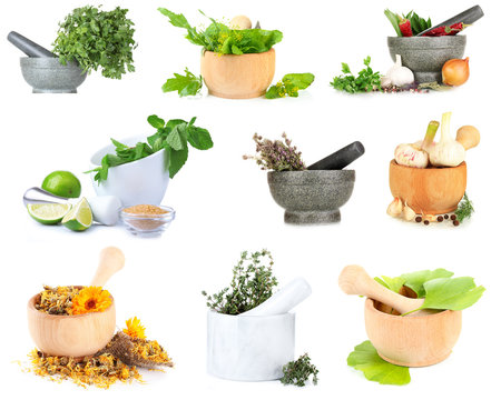 Collage of different herbs isolated on white
