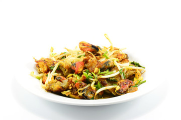 Oysters fried in egg batter or Oyster omelette isolate on white