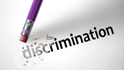 Eraser deleting the word Discrimination