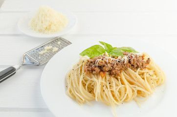 Spaghetti Bolognese on wood table