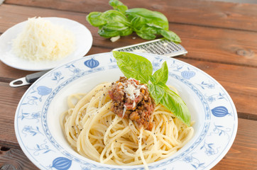 Spaghetti Bolognese on wood table