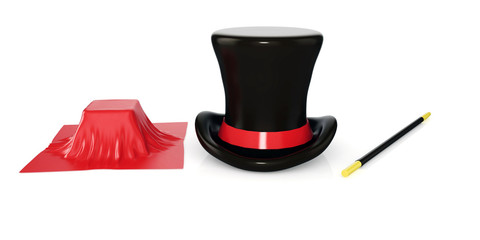 3d shinny and glossy magician hat, wand and box with red cloth