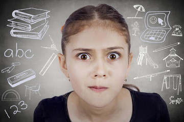 Surprised, confused funny looking girl chalkboard background