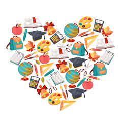 School background with education icons and symbols.