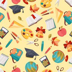 School seamless pattern with education icons and symbols.