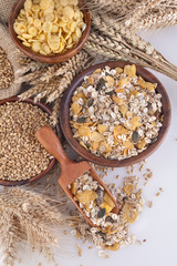Muesli, cornflakes and ripe wheat as healthy food