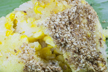 On a banana leaf rice and grains