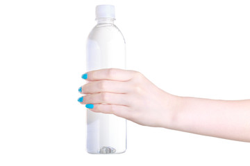 Beautiful female hand holding a bottle water isolated on white