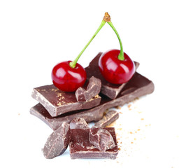 Cherries and chopped chocolate isolated on white