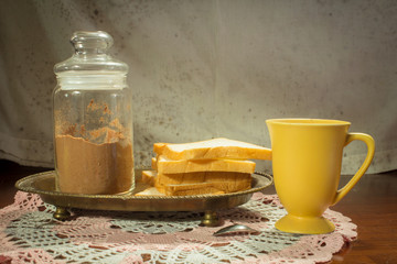 Bread with drink,coffee,tea or cocoa.