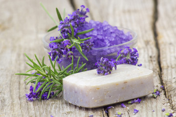 Obraz na płótnie Canvas bar of natural soap, herbs and bath salt