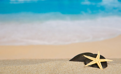 Fototapeta na wymiar Pebbles and starfish on sand