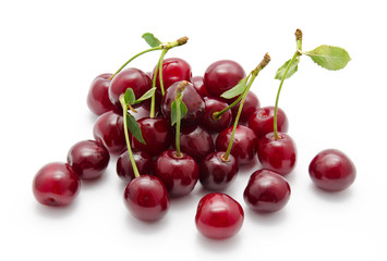 Juicy cherry with leaf isolated