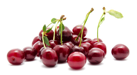 Juicy cherry with leaf isolated