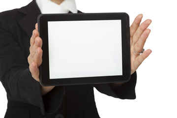 Businesswoman is showing digital tablet screen