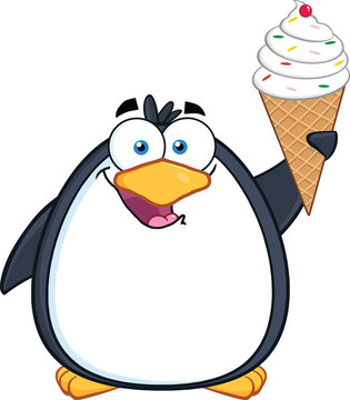 Smiling Penguin Cartoon Mascot Character With An Ice Cream