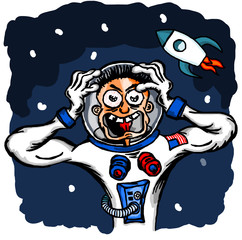 Cosmonaut in space. Yelling and screaming astronaut is scared and feared because spaceship left him alone