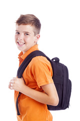 Portrait of a school boy with backpack, isolated on white backgr © cristovao31