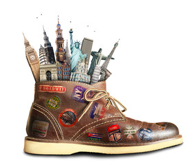 Travel, shoes with travel stickers and landmarks