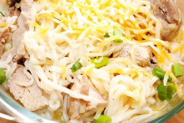 Cheesy Chicken and Ramen Noodles with Scallions