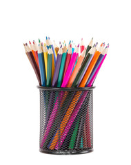 Drawing supplies: assorted color pencils, isolated on white back