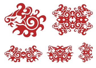 Twirled ornate red lion head and lion elements