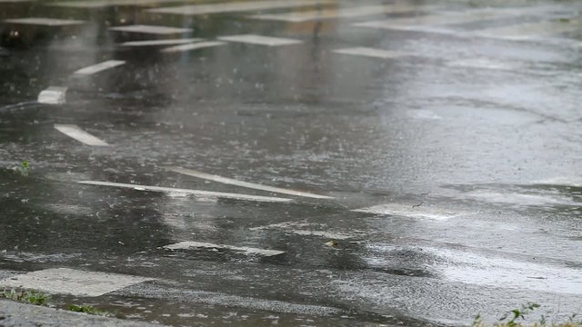 Rain at street, drops falling to puddle and asphalt