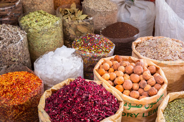 Spices and herbs on the Deira market of Dubai, UAE