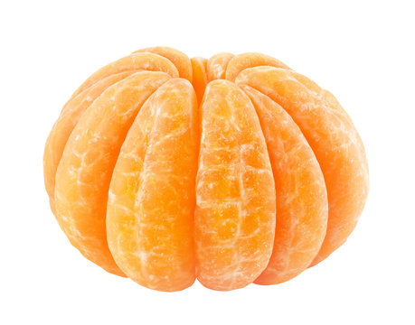 Isolated tangerine. One peeled tangerine or orange fruit isolated on white background