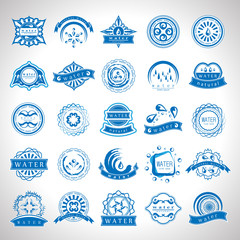 Water And Drops Labels Set - Isolated On Gray Background