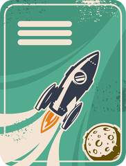 Fototapeta premium Retro card with rocket flying through Outer Space
