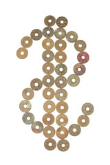 Old ancient coins of Thailand place as dollar sign isolated