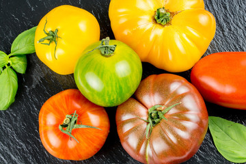 Many varieties of colorful tomatos