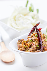 Thai Spicy minced fish salad. Thai food