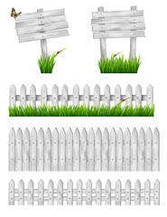 Set of white wooden signs and a fences with grass. Vector