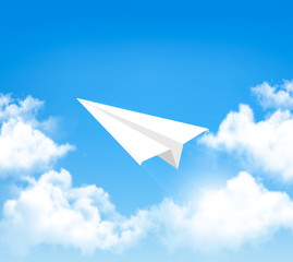 Paper airplane in the sky with clouds. Vector