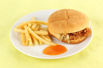 Close up crisp chicken burger with french fried