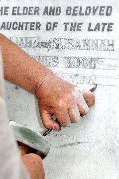 Stonemason Engraving Marble Gravestone