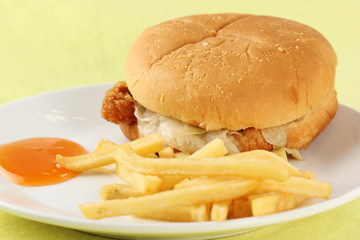 Close up crisp chicken burger with french fried