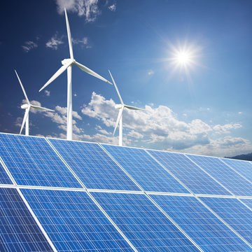 Wind turbines and solar panels. Green energy