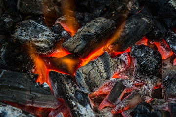 Fire on charcoal for food grilling.