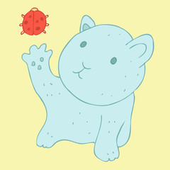 cute  cartoon blue cat  playing with ladybug vector illustration