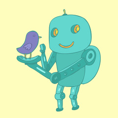 robot child with a bird, robot toy vector Illustration