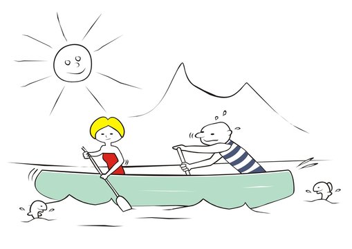 boaters, two people at canoe, fishes, mountain and sun, humorous vector illustration