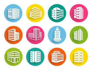 Set of buildings icons on colorful web buttons